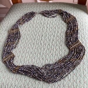 MULTI STRAND LONG STATEMENT NECKLACE GOLD Colored -GRAY -BLACK SMALL BEADS 18in
